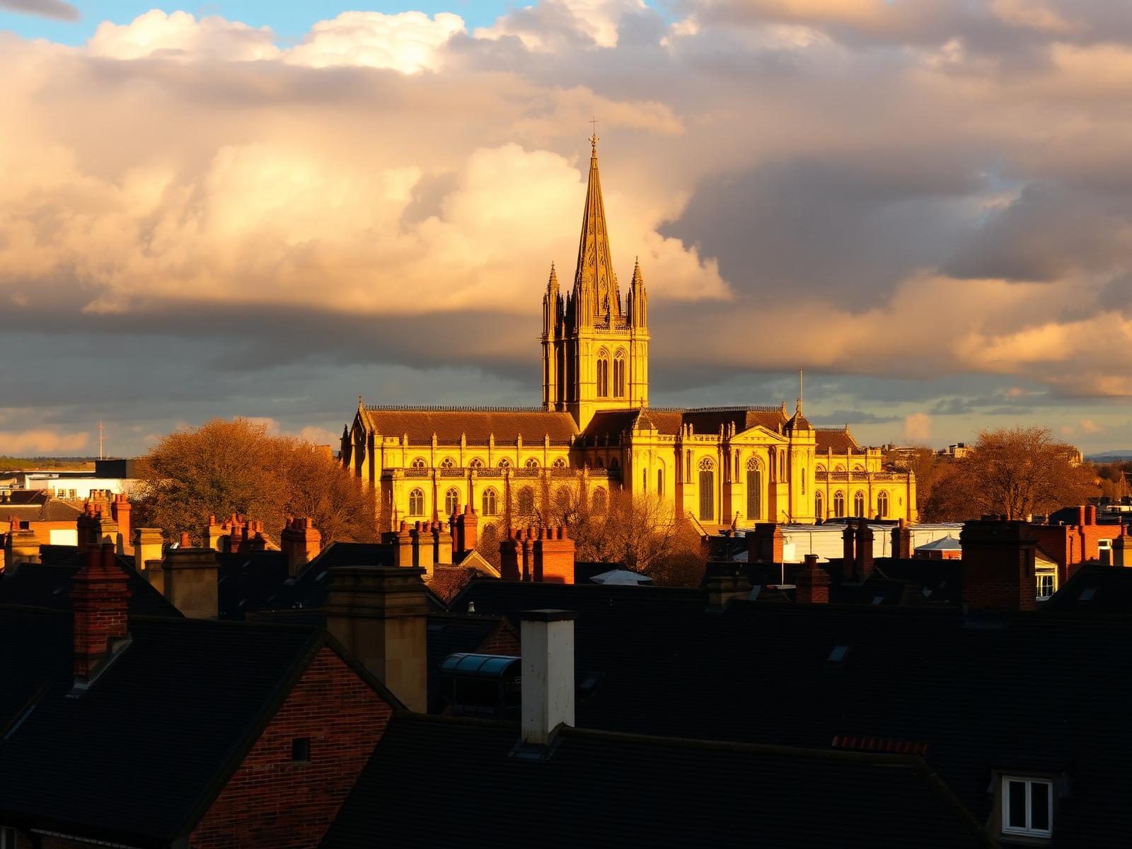 Lincoln Cathedral above the rooftops of Lincoln, Lincolnshire at golden hour